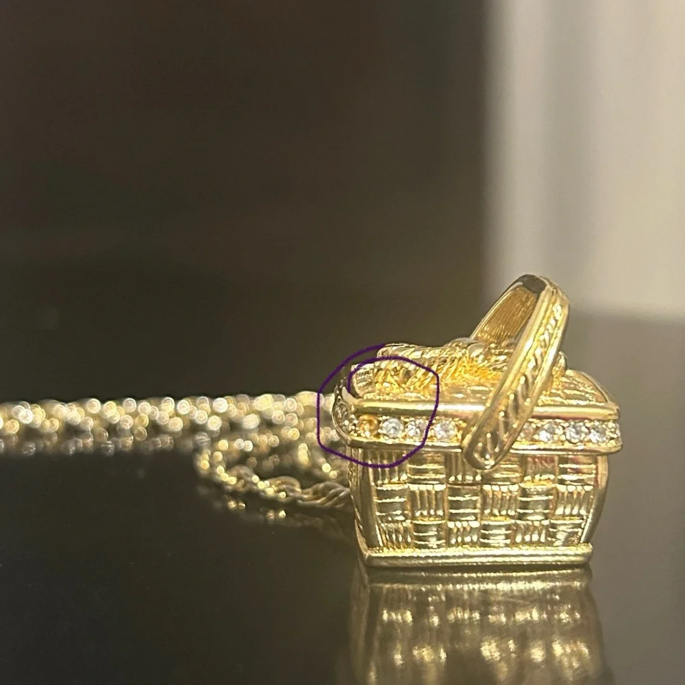 Vintage 1990s Swarovski Picnic Basket Pendant Necklace Gold-Tone & Crystal